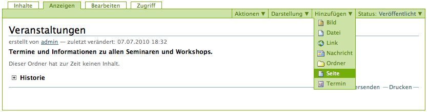 Bildschirmfoto des Menüs zum Anlegen von Artikeln