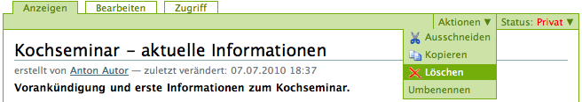 Das Aktionsmenü mit dem Eintrag Löschen