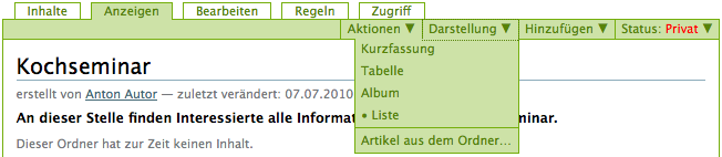 Das Menüs Darstellung mit dem Eintrag Tabelle