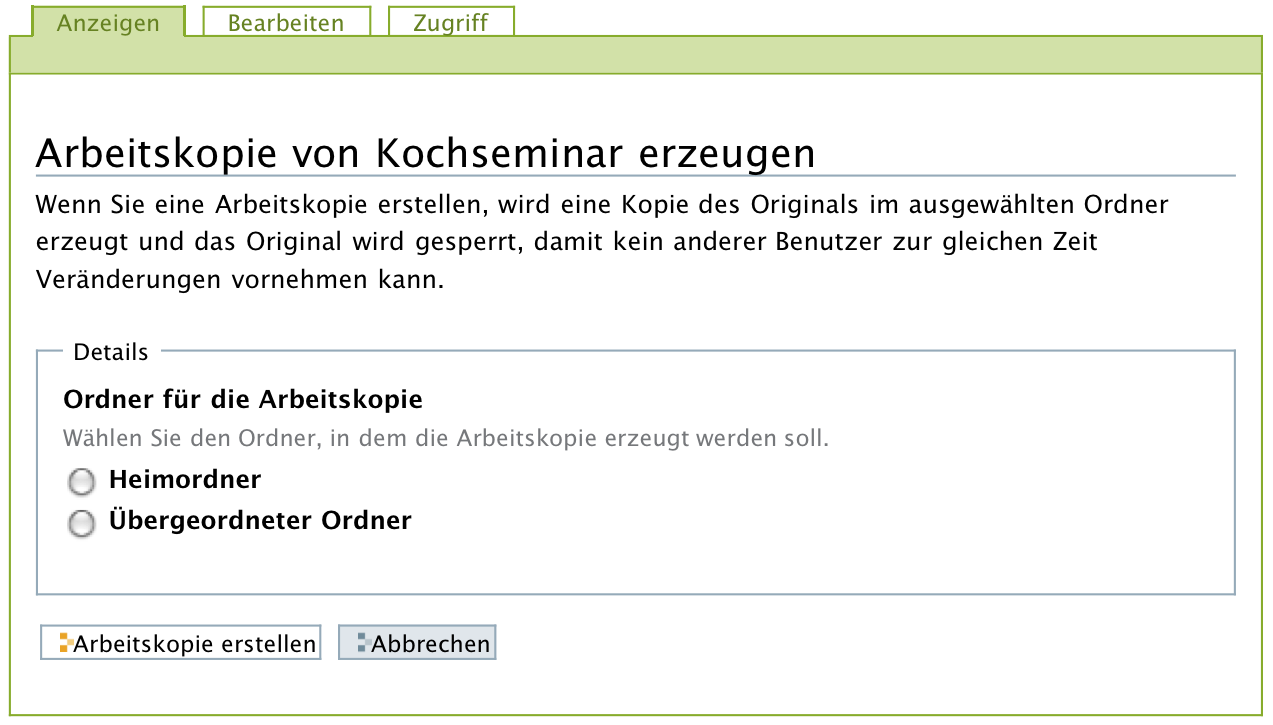 Nachfrage, wo die Arbeitskopie gespeichert werden soll