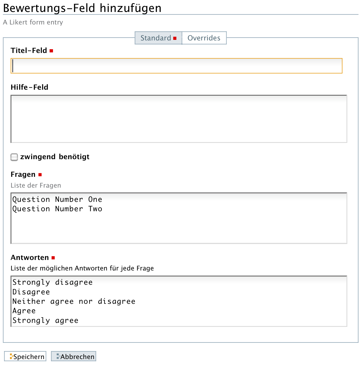 Hinzufügeformular für ein Bewertungs-Feld
