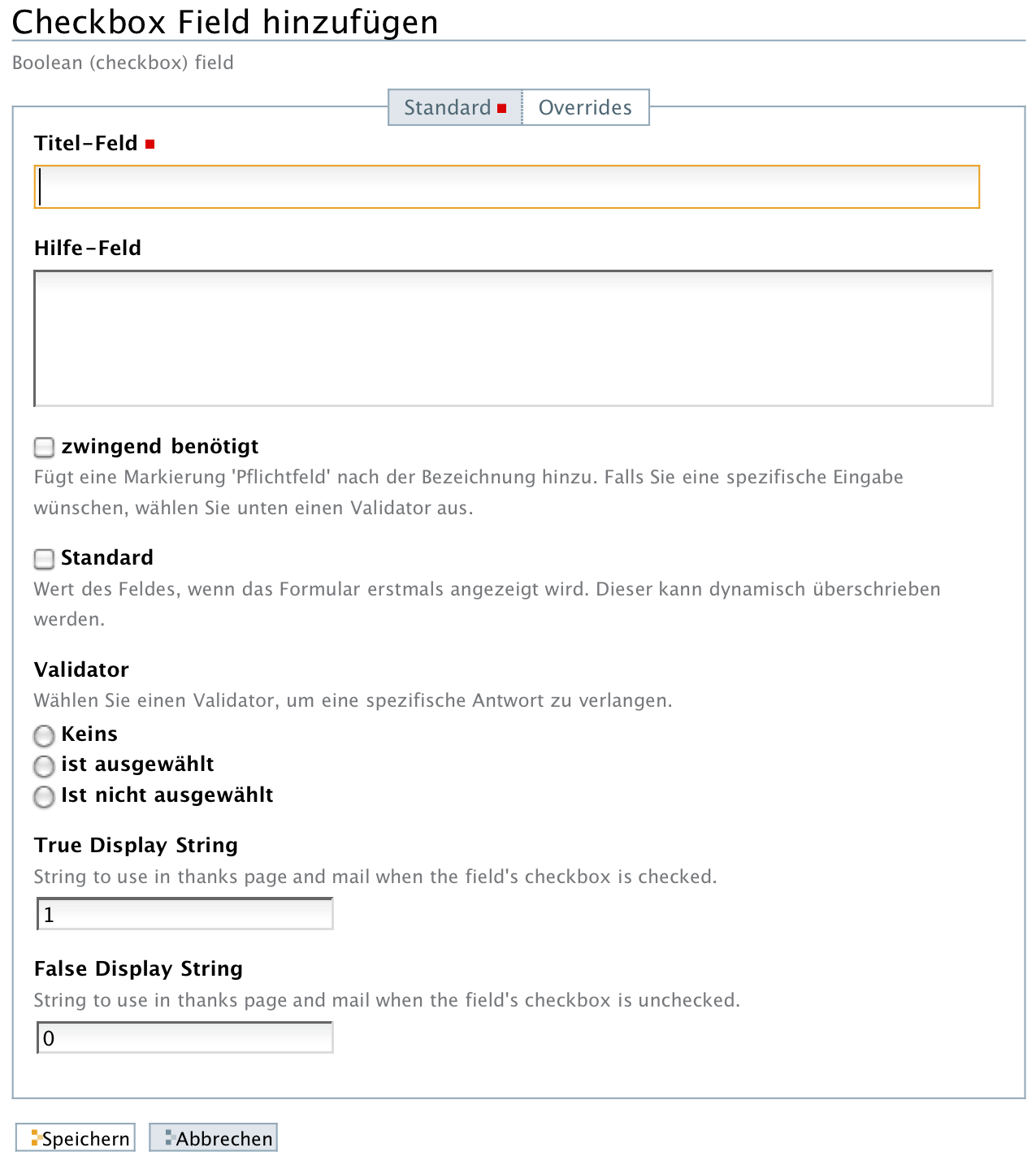 Hinzufügeformular für ein Checkbox-Feld