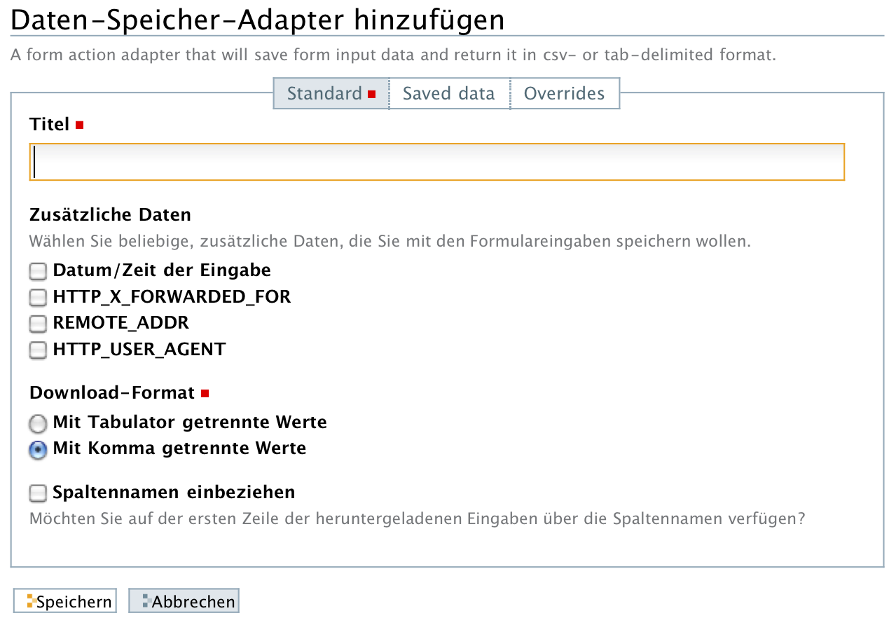 Formular zum Hinzufügen eines Datenspeichers
