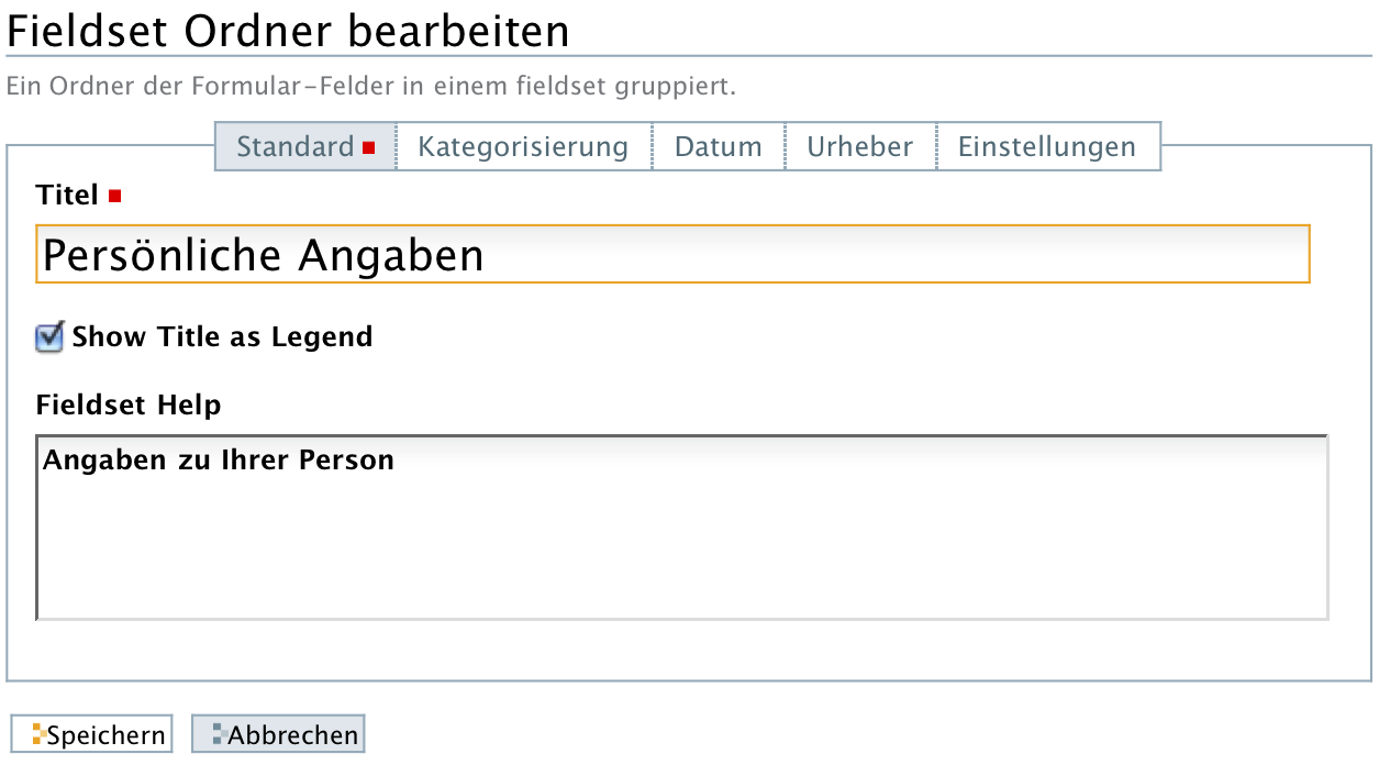 Hinzufügeformular für ein Fieldset