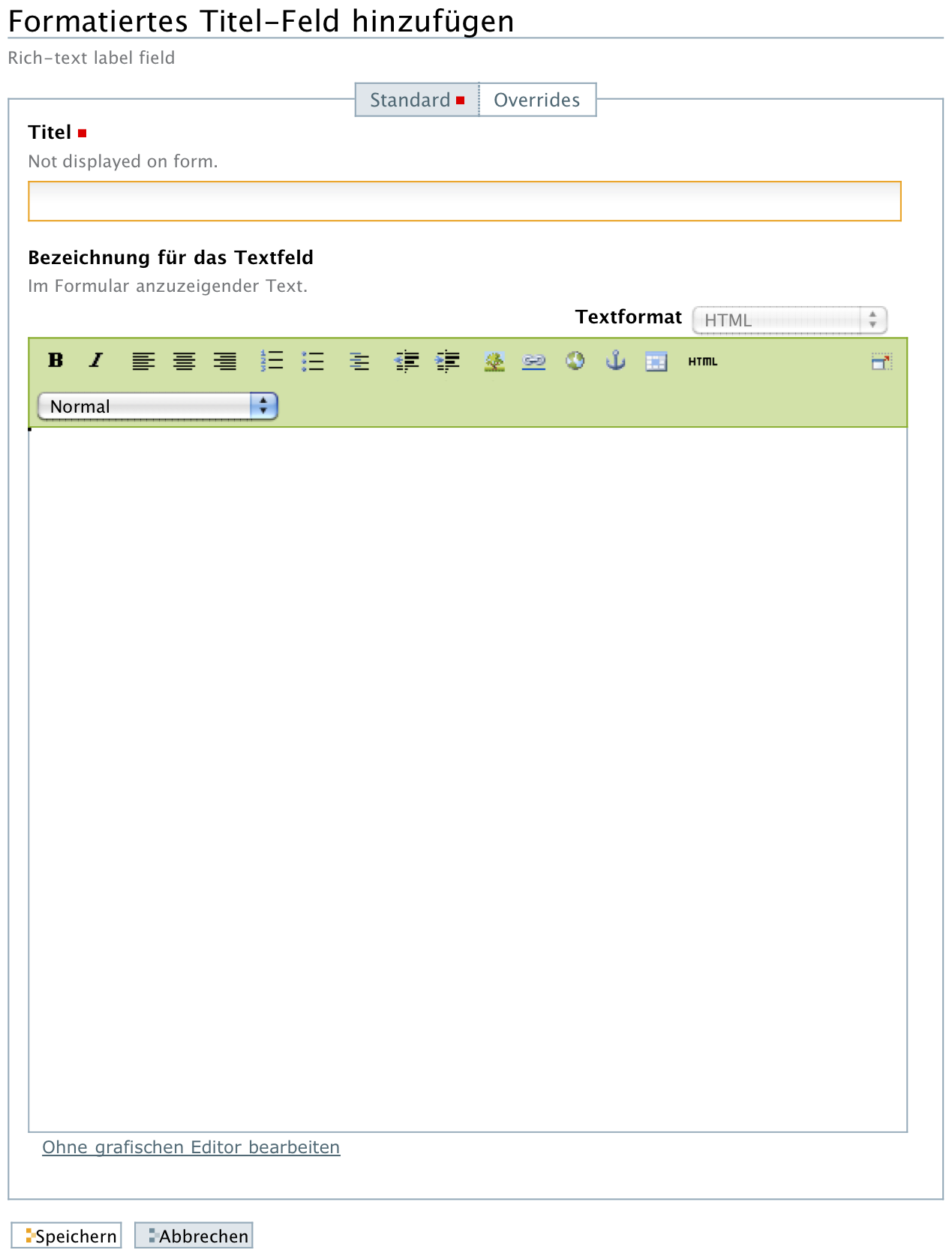 Hinzufügeformular für fomratierten Text