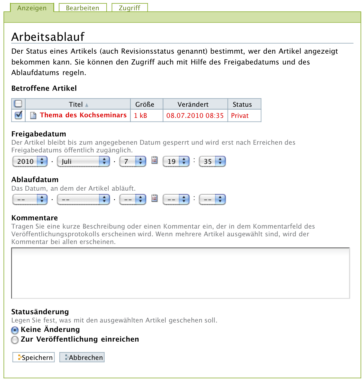 Das erweiterte Formular für den Arbeitsablauf
