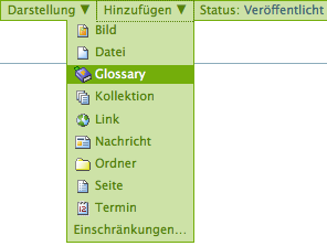 Das Hinzufüge-Menü mit Eintrag »Glossary«