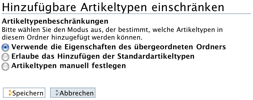 Formular, mit dem festgelegt wird, welche Artikeltypen hinzugefügt werden können
