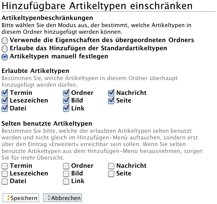Einschränkung der hinzufügbaren Artikeltypen