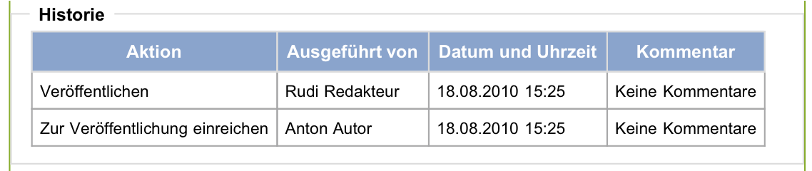 Die Historie zeigt unter anderem, wann Artikel veröffentlicht wurden