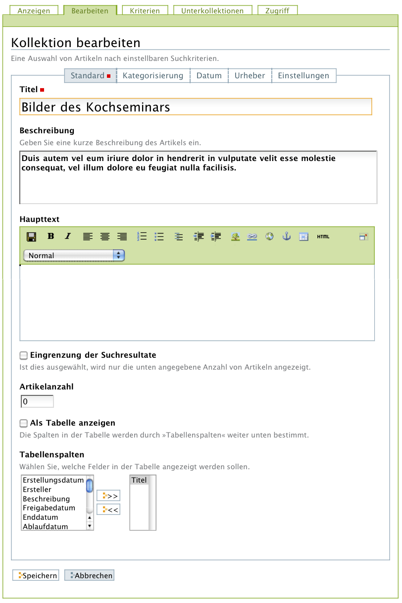 Bearbeitungsansicht einer Kollektion