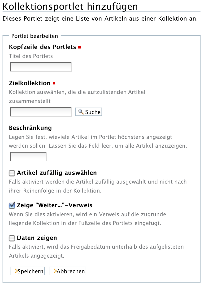 Das Formular zur Konfiguration eines Kollektionsportlets