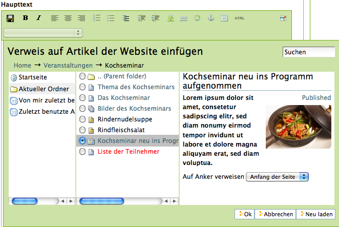 Mit Kupu auf einen Artikel der Website verweisen