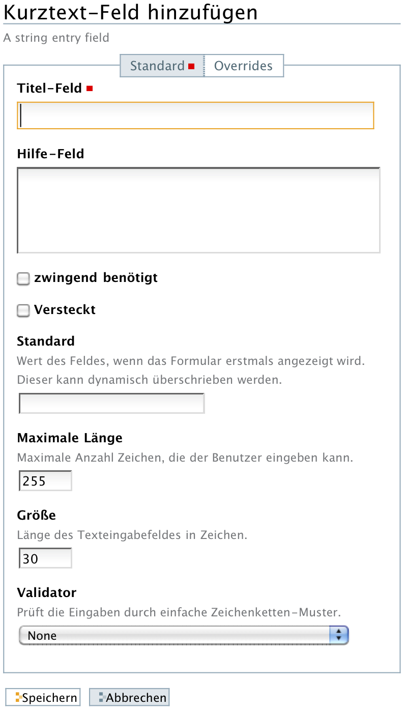 Hinzufügeformular für ein Feld zur Eingabe einer Textzeile