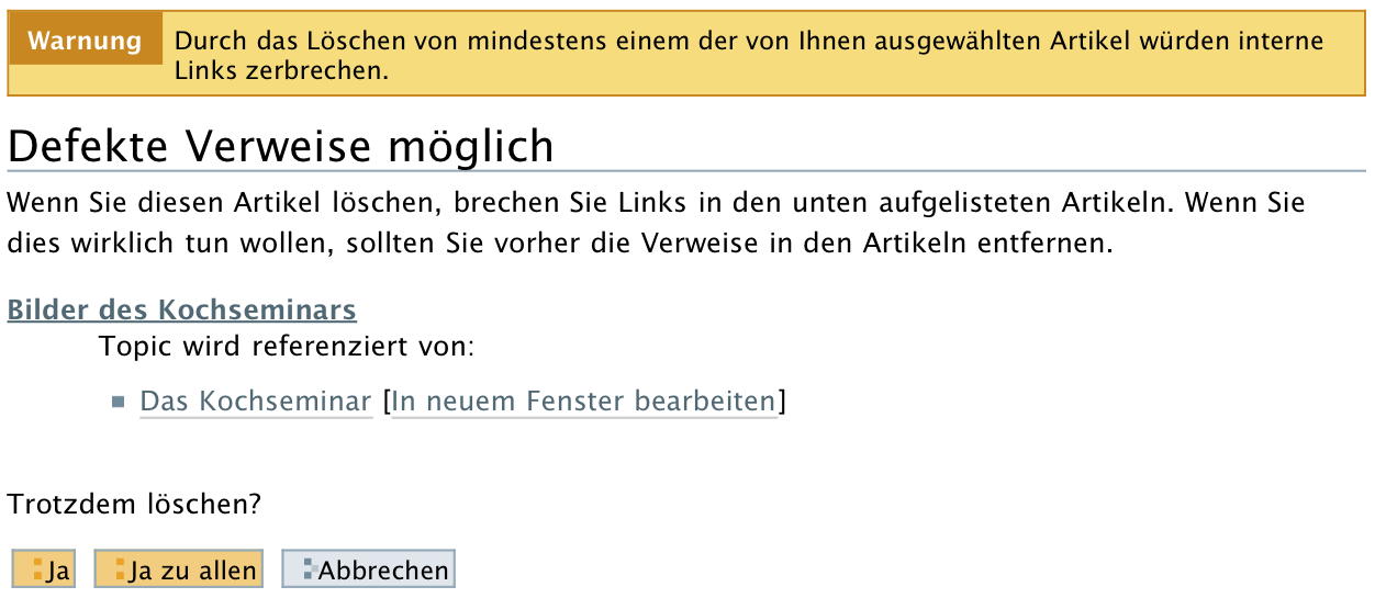 Warnung, dass das Löschen eines Artikels defekte Verweise zur Folge hätte