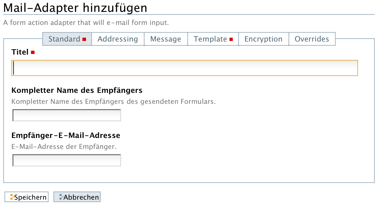 Formular zum Hinzufügen eines Mail-Adapters
