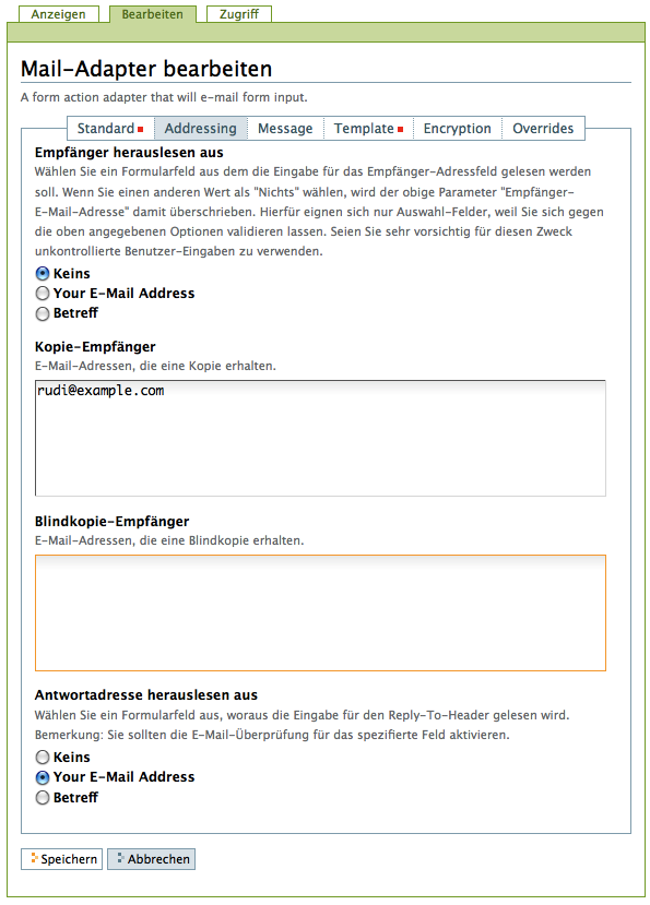 Teilformular »Adressing«