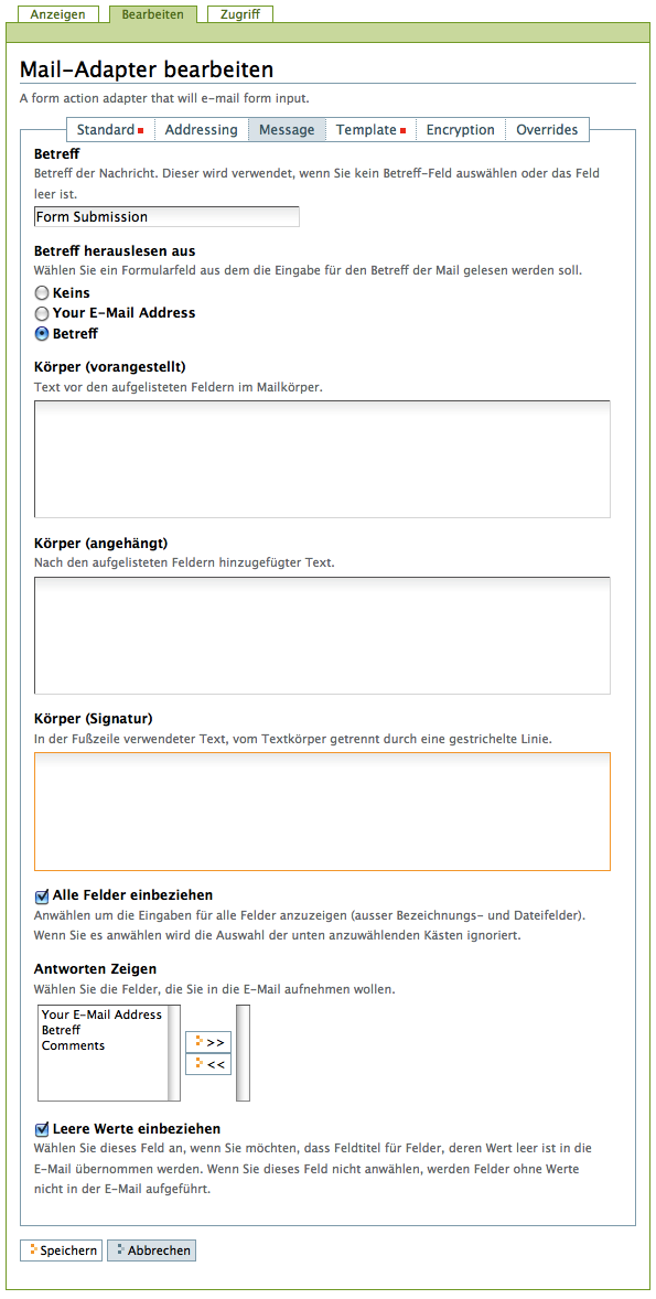 Teilformular »Message«
