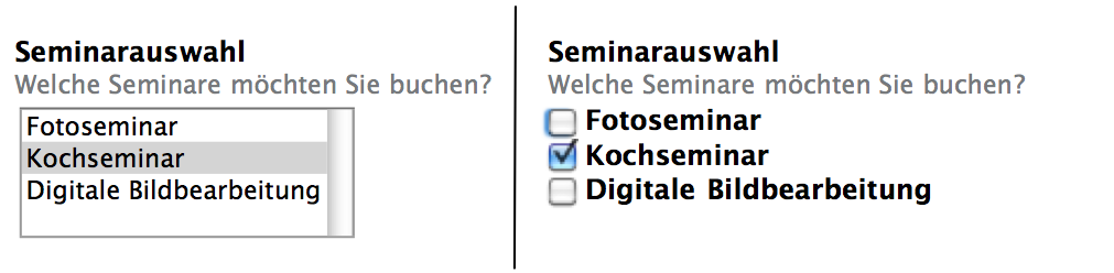 Anzeigevarianten eines Mehrfach-Auswahl-Feldes