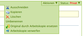 Aktionsmenü mit Einträgen für Arbeitskopien