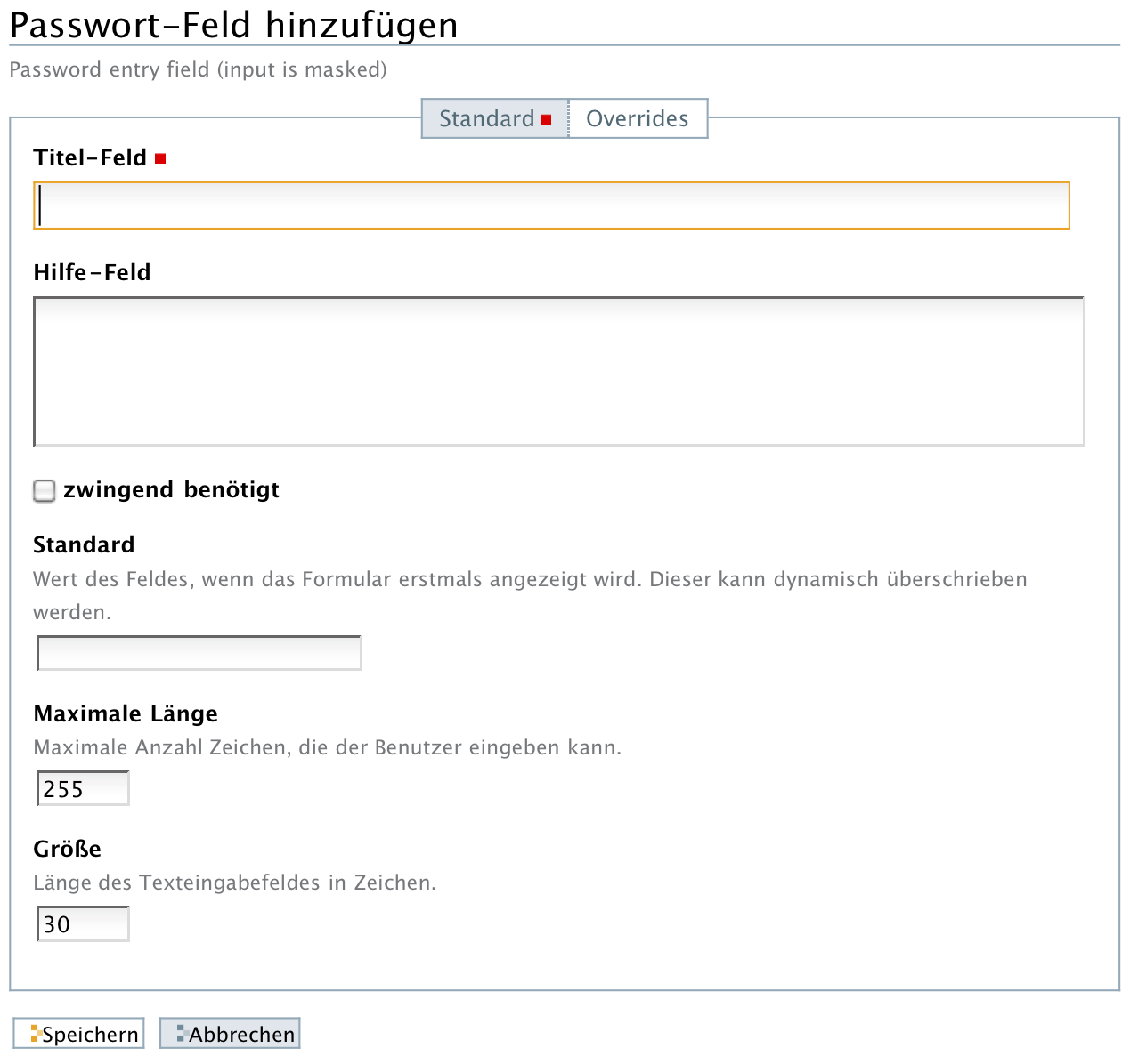 Hinzufügeformular für ein Passwort-Feld