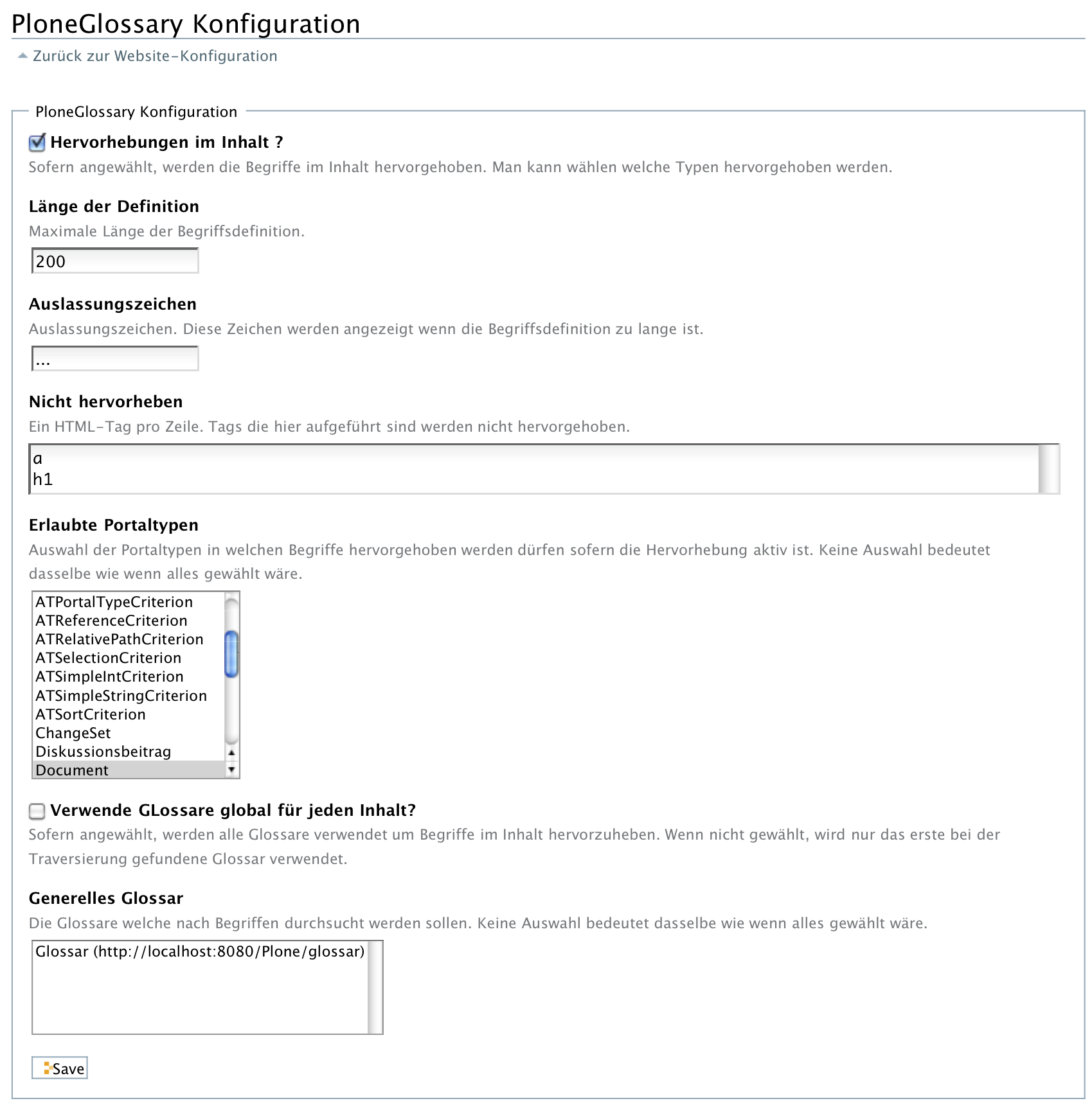 Die Konfigurationsmöglichkeiten für PloneGlossary