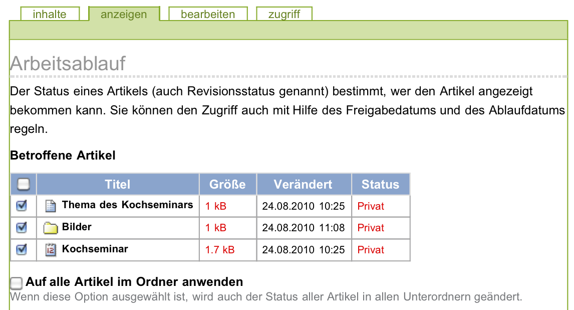 Der obere Teil des Formulars für eine Veränderung des Status