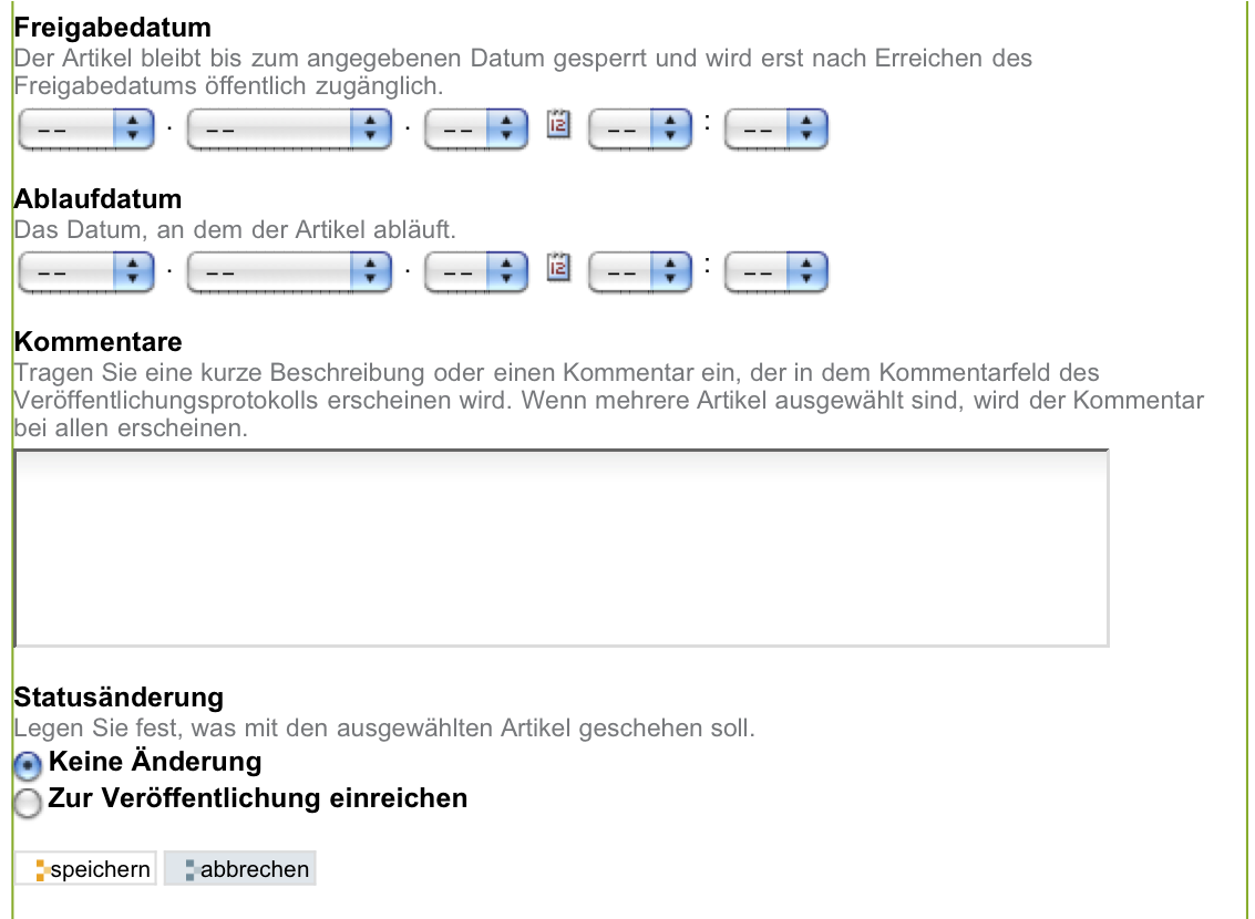 Der untere Teil des Formulars für eine Veränderung des Status