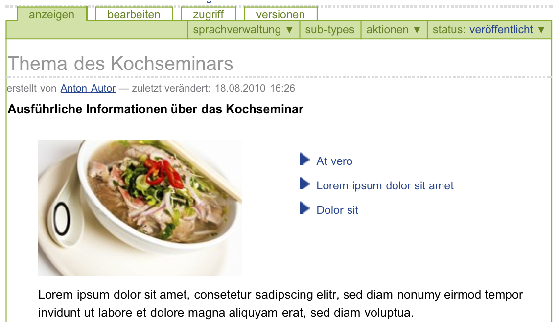 Das automatisch erzeugte Inhaltsverzeichnis am Anfang einer Seite