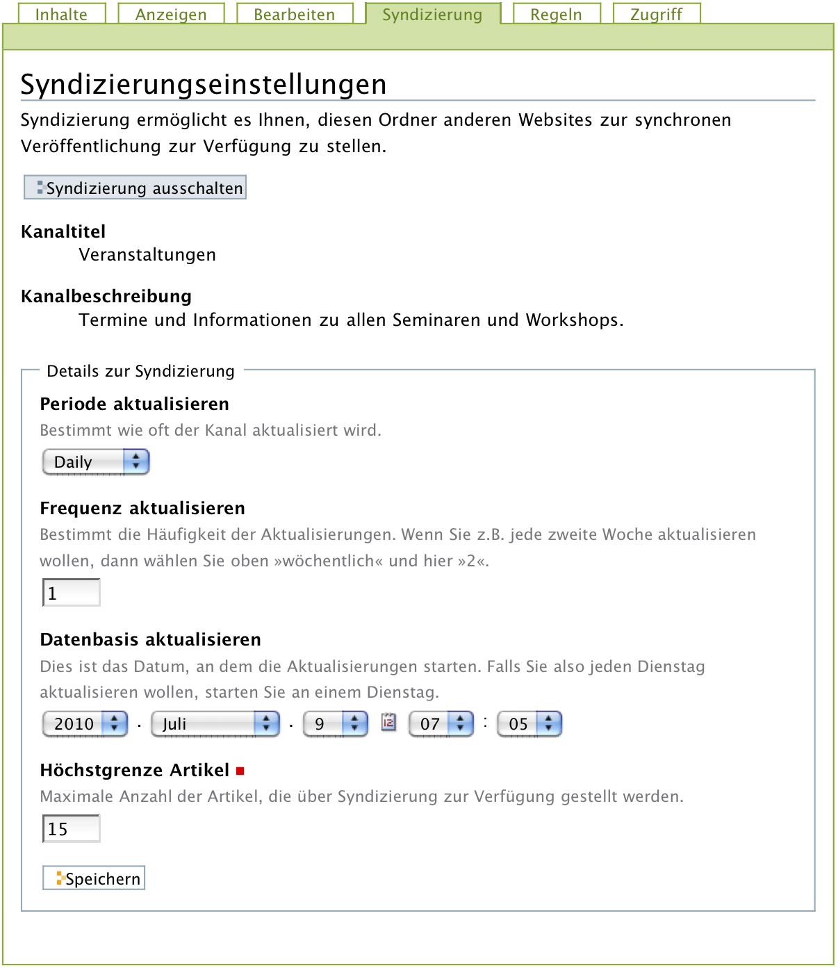Das Formular zur Steuerung der Syndizierung