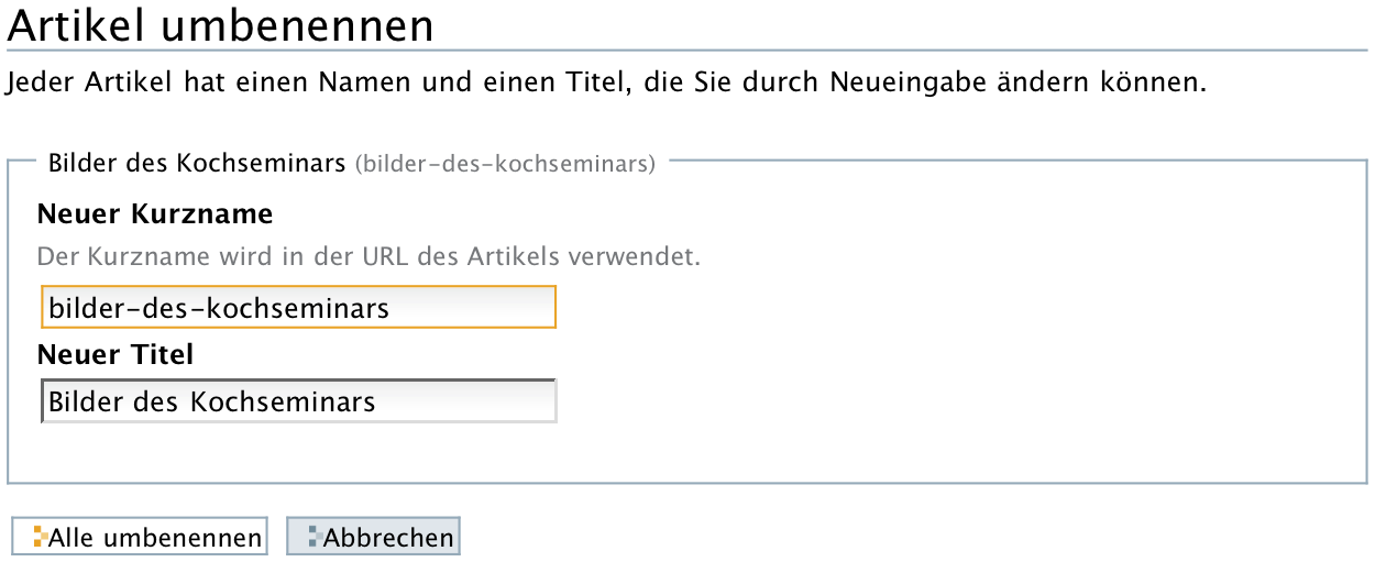 Formular zur Umbenennung von Artikeln