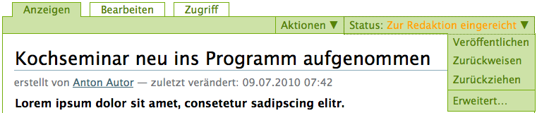 Menü für den Redakteur. Er kann Artikel veröffentlichen oder zurückweisen
