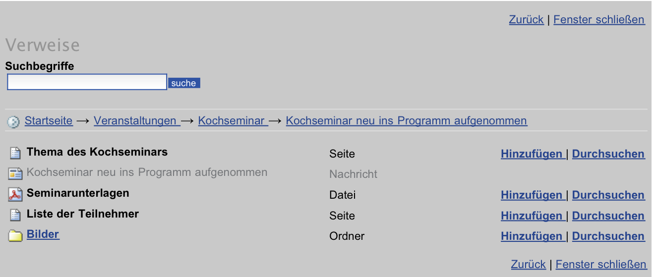 Das Fenster zur Suche nach Artikeln, die als Verweis hinzugefügt werden sollen.