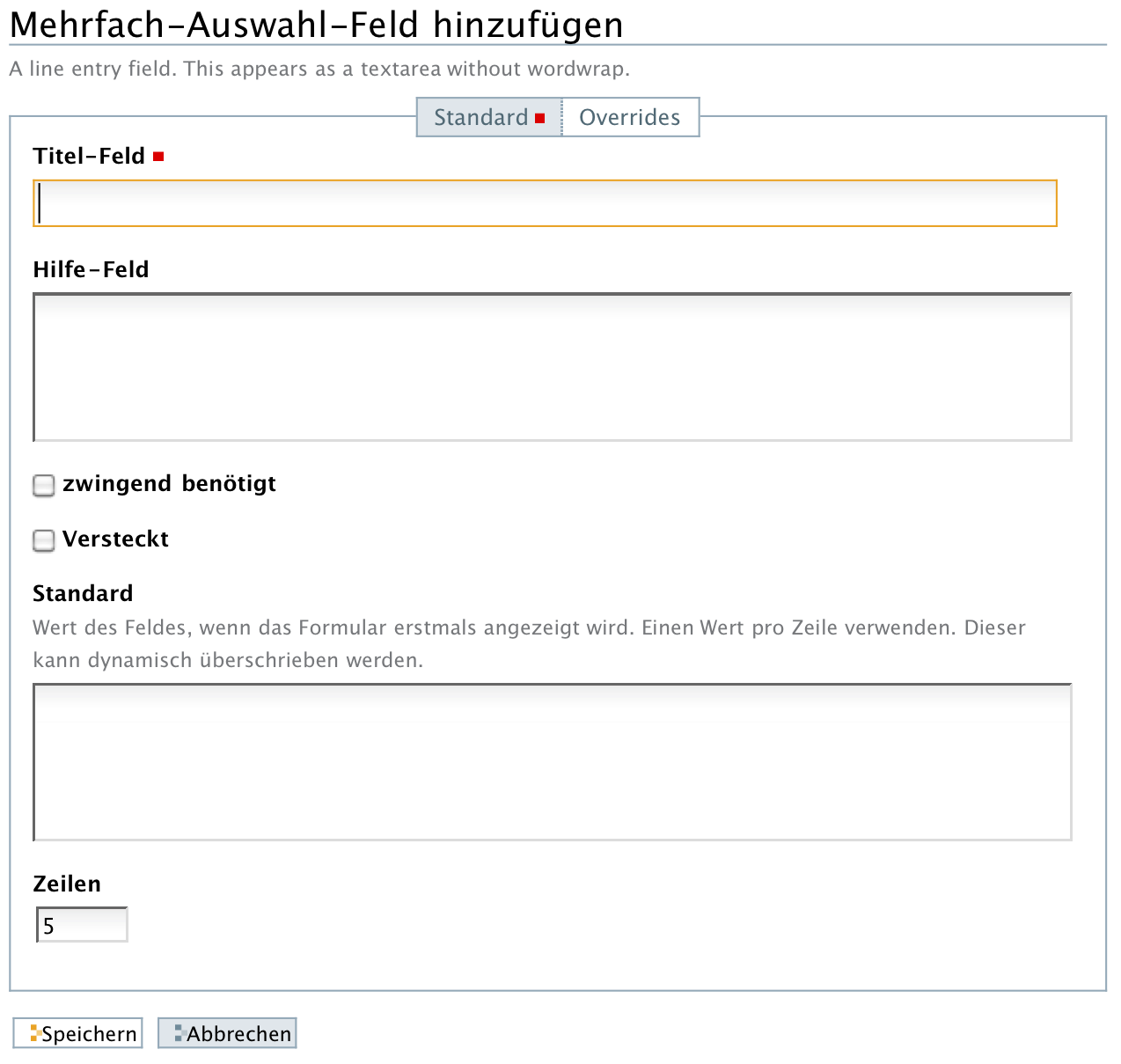Hinzufügeformular für ein Zeilen-Feld