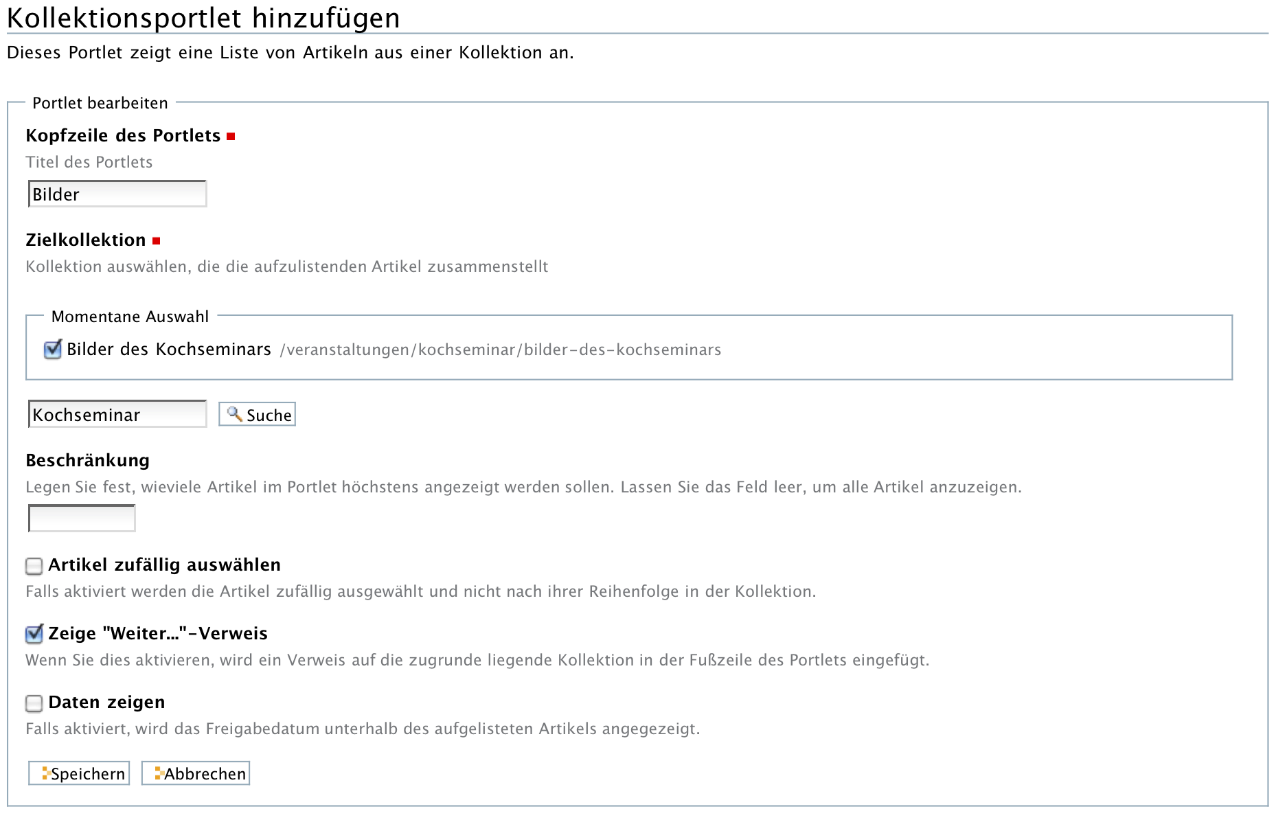 Anzeige, wenn Zielkollektion ausgewählt wurde