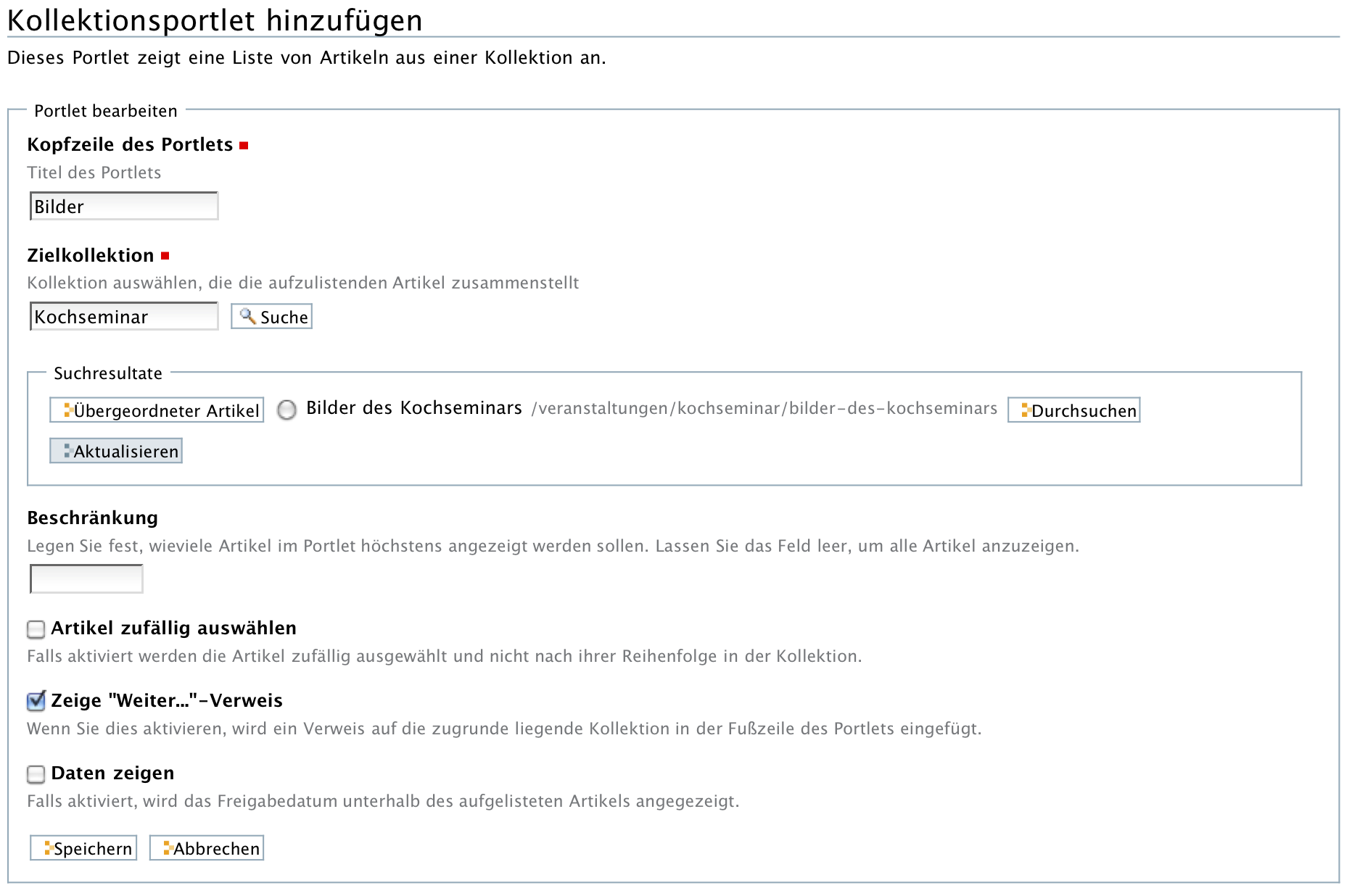 Das Suchformular, mit dem die Zielkollektion ausgewählt wird