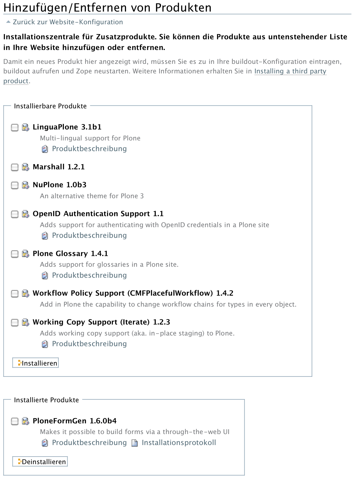 Das Formular zur Installation eines Zusatzproduktes